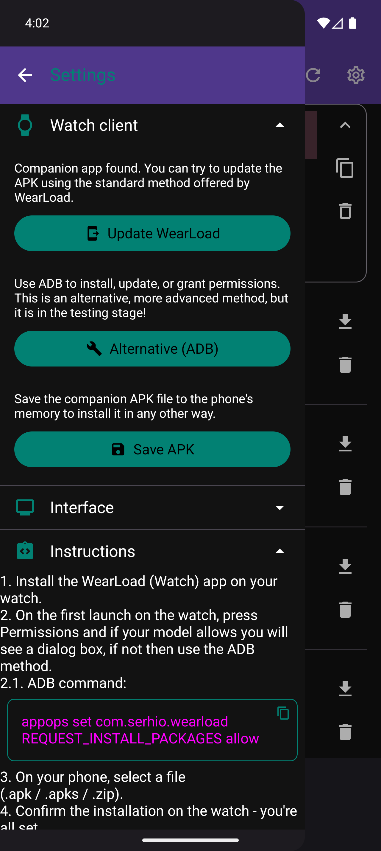 WearLoad Screenshot - Settings Menu